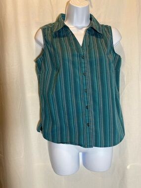 St John’s Bay Sleeveless Teal/Green Striped Button-Front Women's Top - size-PM